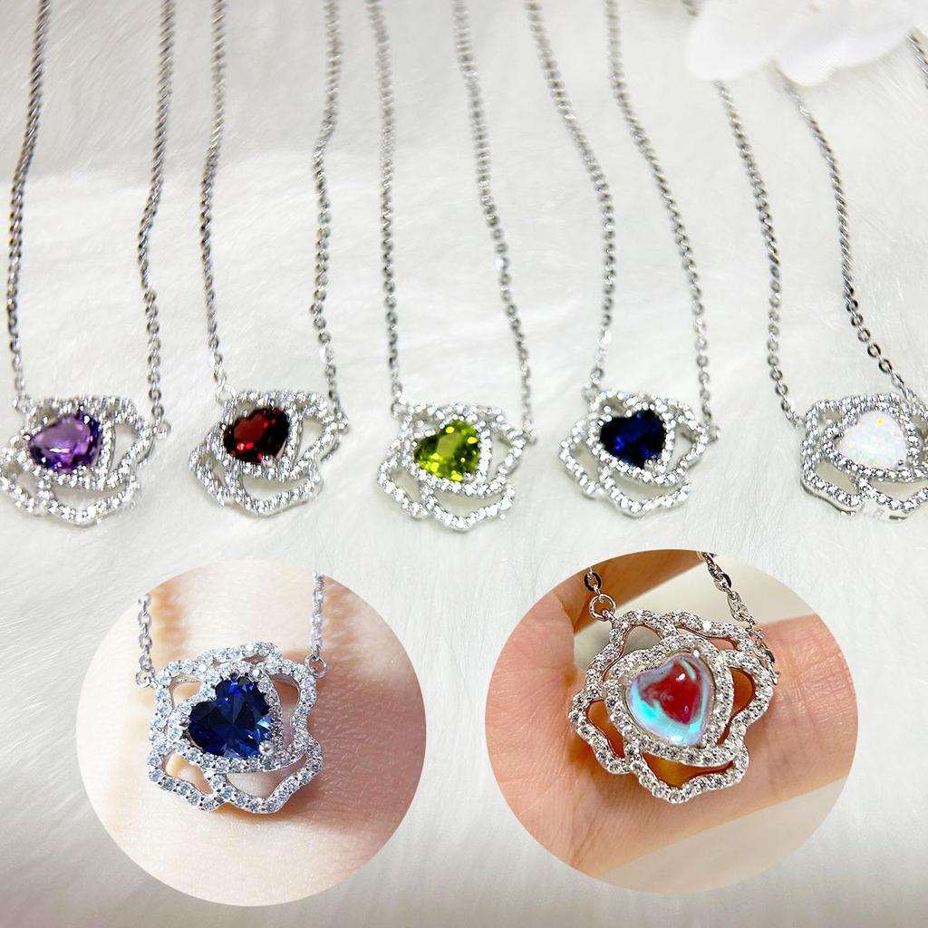 Ожерелье Аквамарин Камень марта Розовый мотив Платиновое покрытие Серебряное ювелирное изделие Аксессуар День рождения Рождественский подарок Подарочная упаковка в комплекте