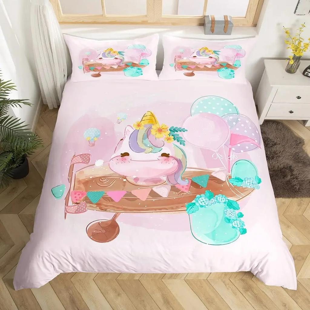 Комплект пододеяльника с кошкой-единорогом размера queen, Комплект постельного белья с радужным единорогом, Мультяшный комплект постельного белья для девочек с волшебными животными и сладким мороженым