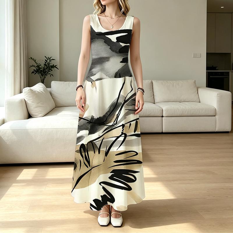 Women's Sleeveless Maxi Dress Abstract Art Ink Wash,Loose Fit Lightweight City Casual Dress for Loungewear,Daily Wear & Outing