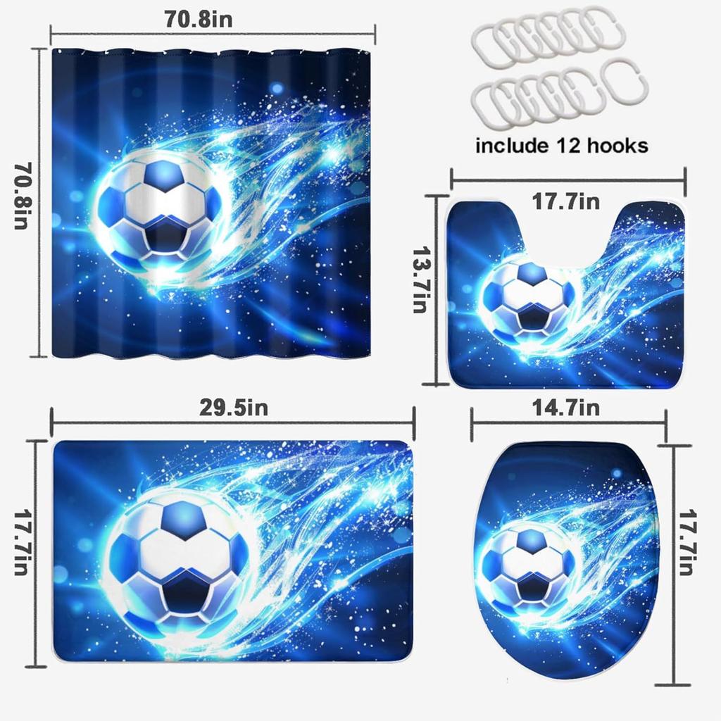 4-Piece Football Shower Curtain Set Football Boys Sports Theme Blue Flame Bathroom Decorative Curtain Set