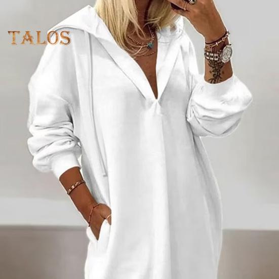 Осень-зима женское платье с капюшоном на шнурке с боковым разрезом Свободные длинные рукава Однотонный вязаный пуловер с карманами длиной до колен Повседневная одежда Платье миди