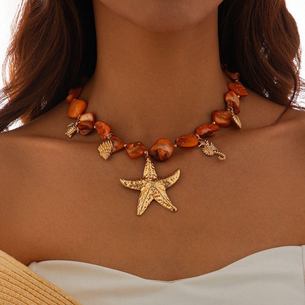 Bohemian Starfish Beaded Necklace Sea Series Shell Beaded Chain  Women