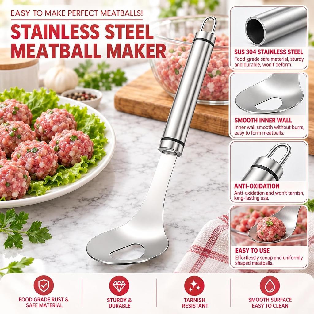 Meatball Maker Spoon, Stainless Steel Meatball Maker Scoop with Hole, Convenient Storage Design, Long Handle, Kitchen Handmade Meatballs, Shrimp Balls