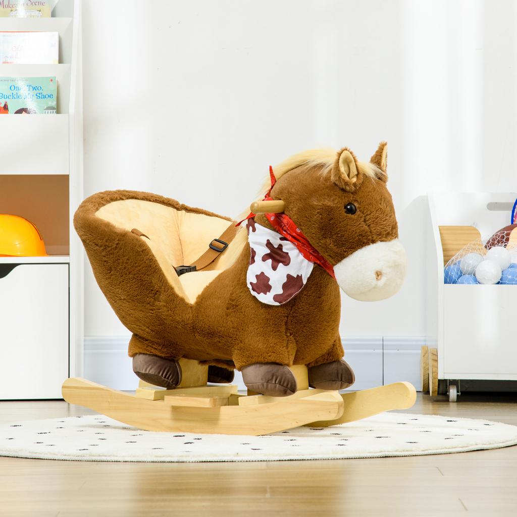 Kids Rocking Horse, with Secure Harness, Sounds, Foot Pedals - Brown
