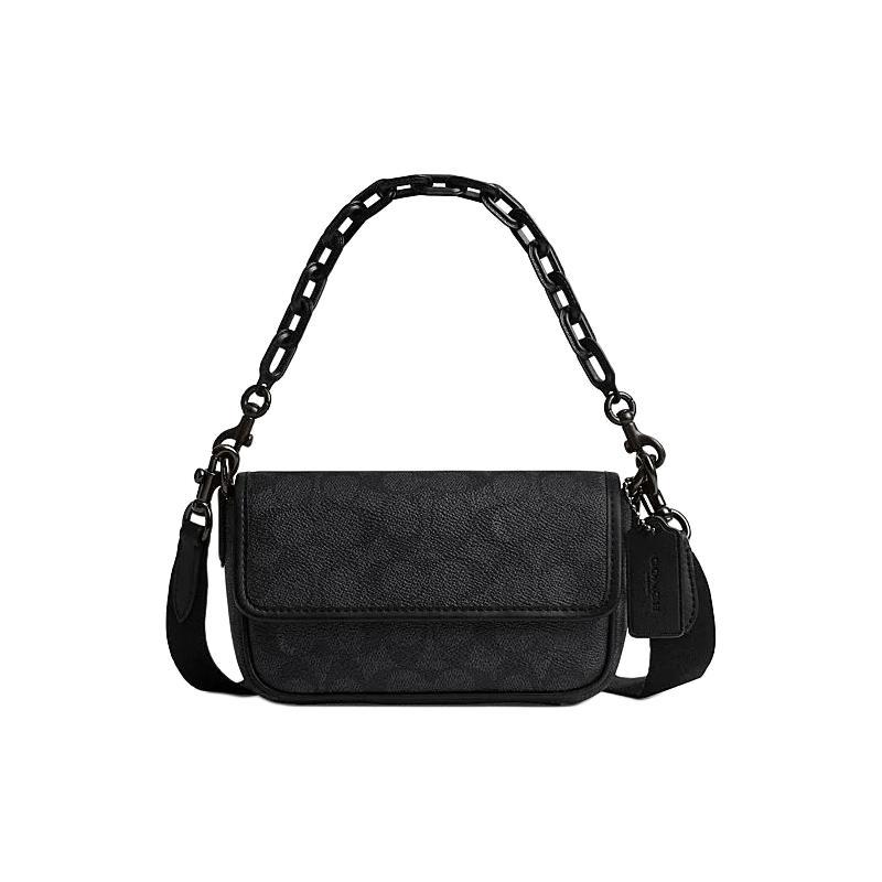 Coach Чартер 18 Магнитная застежка Подпись Покрытый холст Удобная наплечная сумка через плечо Маленькая Унисекс Стиль для пары Угольно-черный