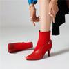 FOREADA Women Ankle Boots Pointed Toe Block High Heels Buckle Zipper Short Boots Ladies Fashion Shoes Autumn Winter Khaki Red 46