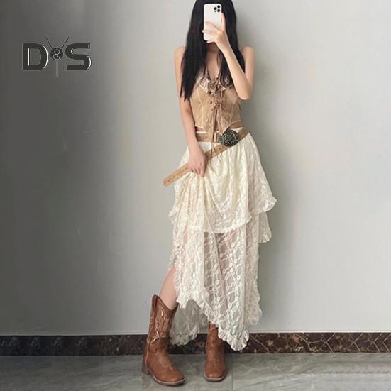 Ретро-юбка с эластичной высокой талией, кружевная юбка нестандартного дизайна, длинная юбка-миди во французском стиле с вышитым кружевом и цветочным узором