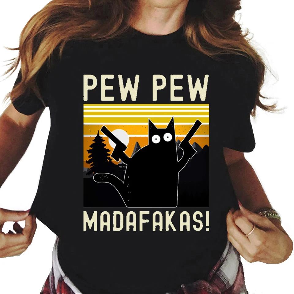 Футболка унисекс с графическим принтом Pew Madafakas с симпатичными черными кошками, модная повседневная футболка унисекс с круглым вырезом и коротким рукавом большого размера