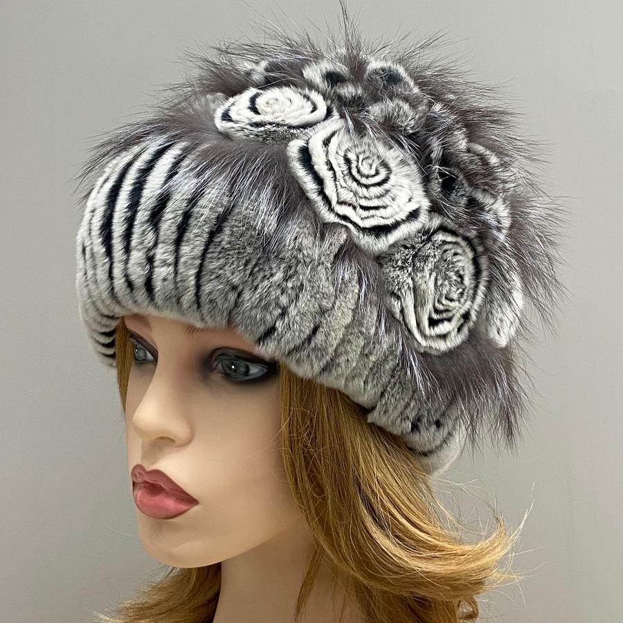 Цветочная меховая шапка из кролика Зимняя женская модная стильная теплая шапка из натурального меха