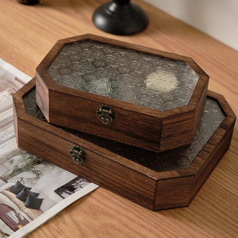 Wooden Jewellery Box Glass Flip Cover Necklaces Storage Boxes Bracelet Ring Organizer Box Large Capacity Storage Casket Jewelry