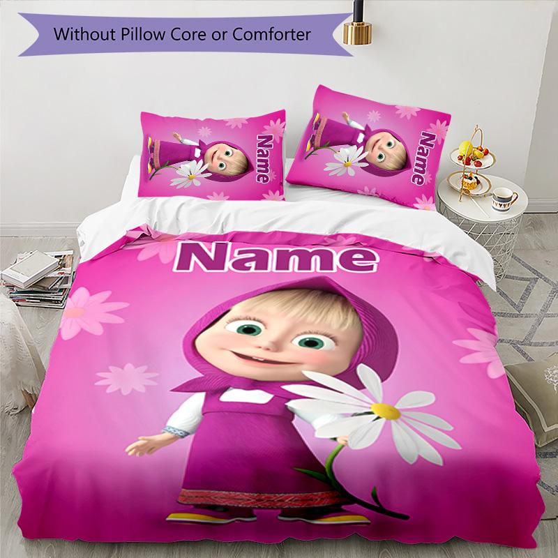 3pcs Masha and the Bear1 Cover Set - Personalized Name, HD Printed Bedding with 1 Cover and 2 Pillowcases - Perfect for Home Decor, Easy Care