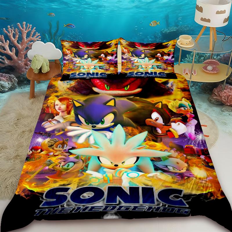 Kids Sonic Duvet Cover Set Hedgehog Cartoon Bedding Set with 2 Pillowcase Bedroom Dormitory Decor Gifts