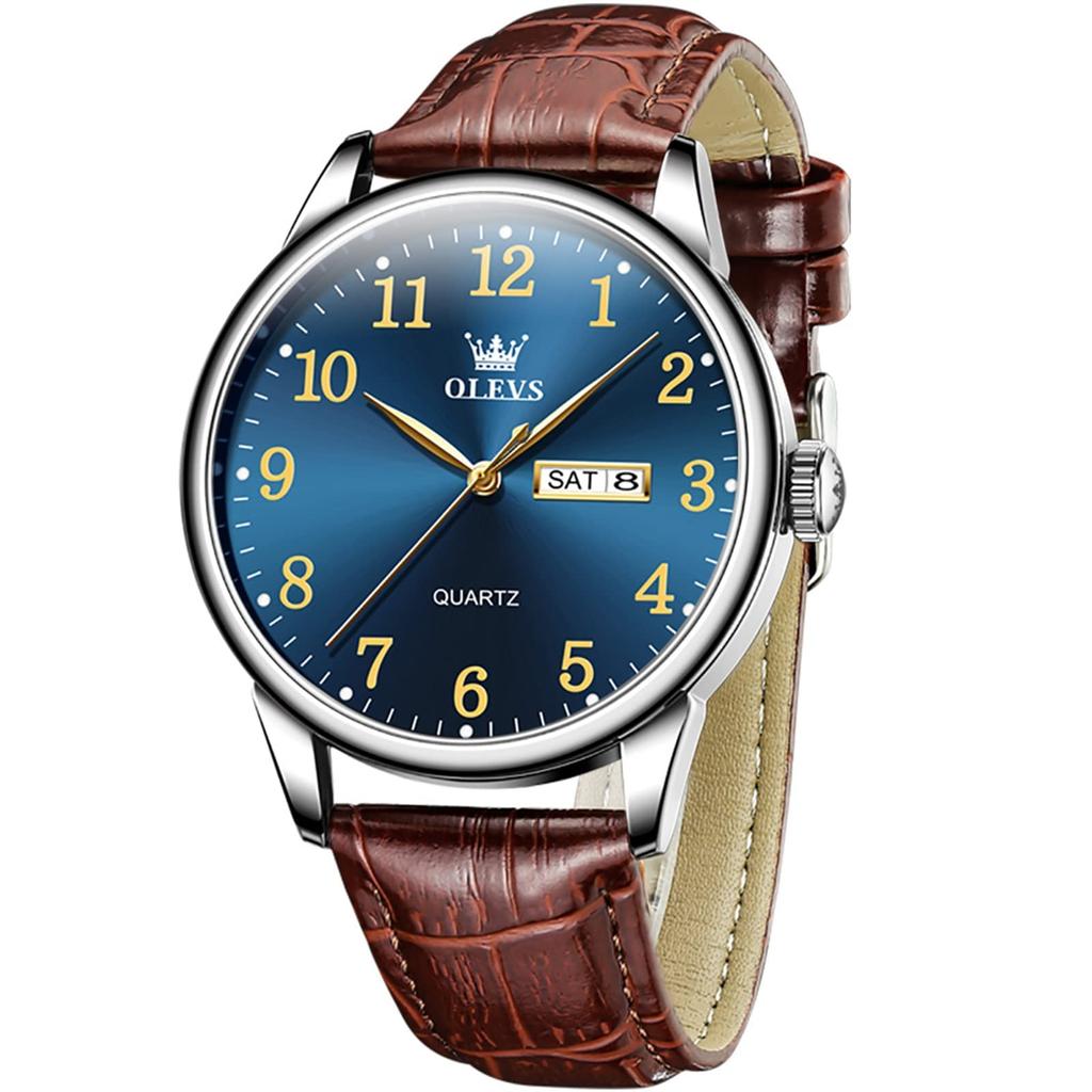 OLEVS Simple Stylish Waterproof Watch Date Analog Brown Leather Belt Watch Business Quartz Easy To Read Blue Dial Clock Gift Watch for Nam Casual