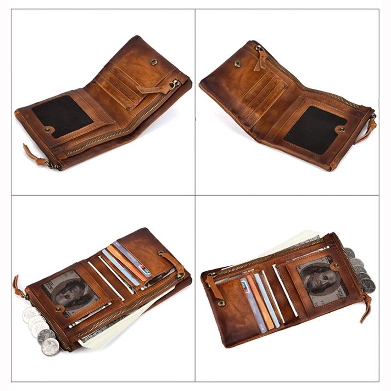 Винтажный мужской кошелек из натуральной кожи, ретро-кошелек из воловьей кожи с верхним слоем для мужчин, вертикальный кошелек с 2 карманами на молнии