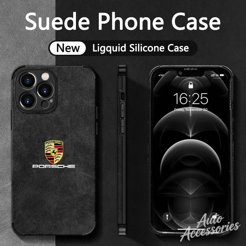 Для Porsche Логотип Замша Полностью закрывающий Чехол для телефона Для iPhone 16 15 13 14 12 Pro Max 8 XR XS 16 Plus 15Pro MAX Чехол-оболочка Наклейки
