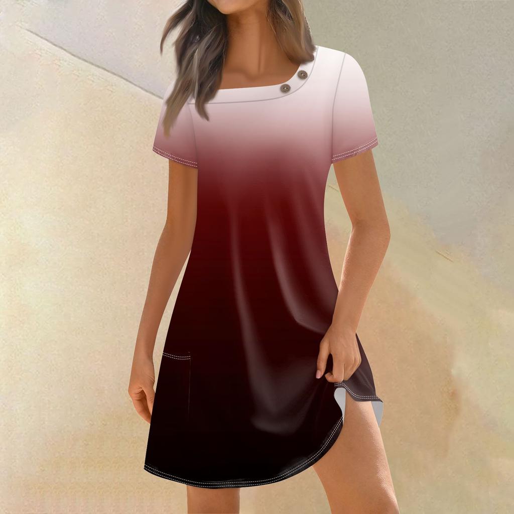Женская мода, летние платья с квадратным вырезом и короткими рукавами, повседневные свободные платья с карманами и пуговицами, градиентные платья