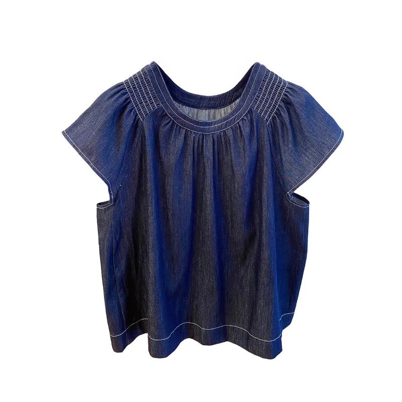 Универсальная стираная мягкая джинсовая рубашка для женщин, летний новый стиль, свободный и легкий повседневный топ с короткими рукавами-крылышками