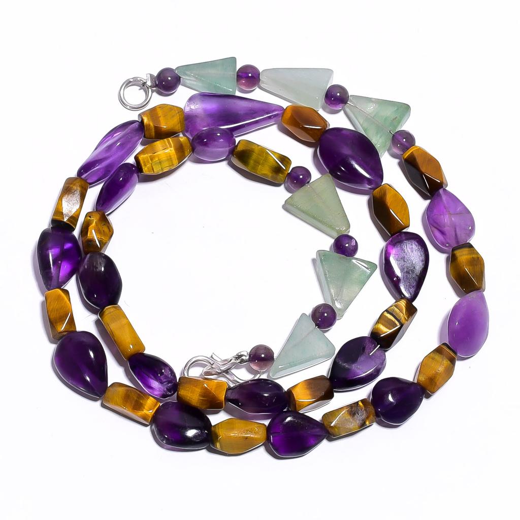 Natural Amethyst Tiger Eye Aventurine Gemstone Smooth Beads Necklace 17" UB-4404 UB-4404