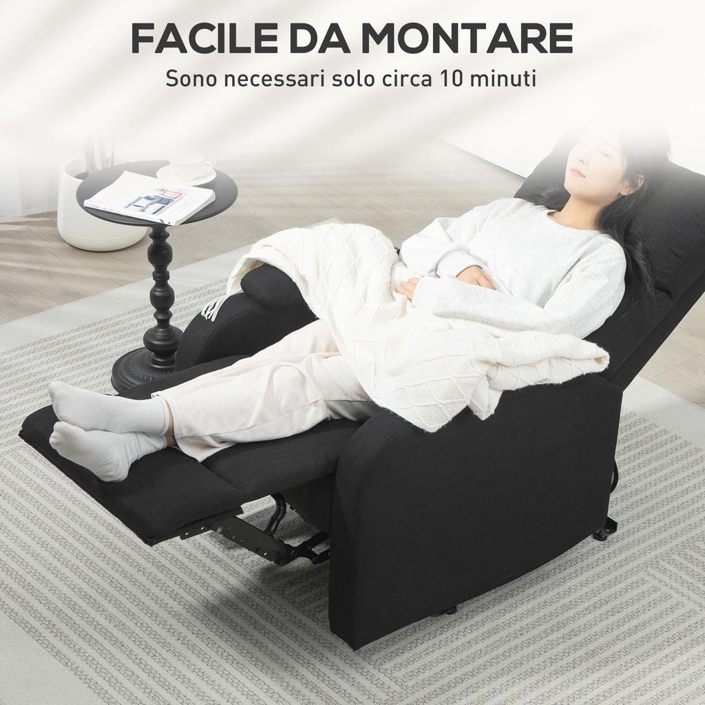Manually Reclining Armchair to 60 degrees Extra Padded in Fabric with Footrest, Black