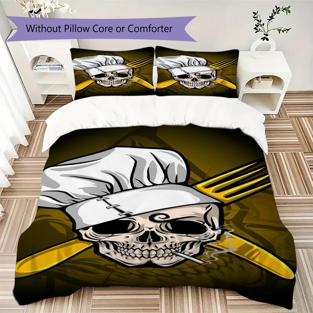 Chef Hat Skull Pattern Bedding,Quilt Set Quilt Cover Pillowcase Home Birthday Gift (1*duvet cover+2*pillowcase,without core)SSJT0917190