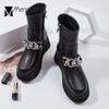 Модные британские сапоги для верховой езды с металлической цепочкой, женские туфли на платформе, с круглым носком, до середины икры, на толстом высоком каблуке, с утолщенной подошвой, рыцарские сапоги