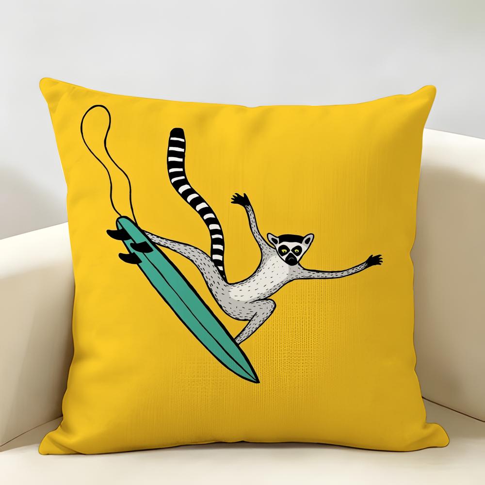 Funny Surfing Animals Cute Cushion Cover Natural Linen Organic Fabric DoubleSided Printing Room Sofa Decor Pillow Case