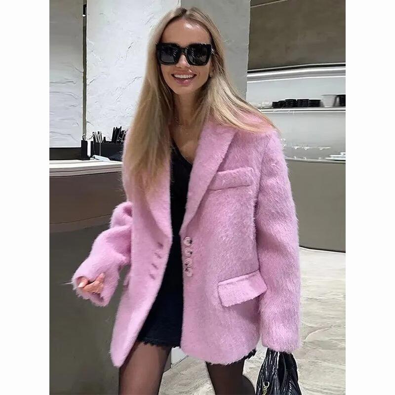 Fashion Pink Lapel Long Sleeves Women Blazer Jacket Warm Thick Single Breasted Loose Outwear Office Lady Commute Streetwear