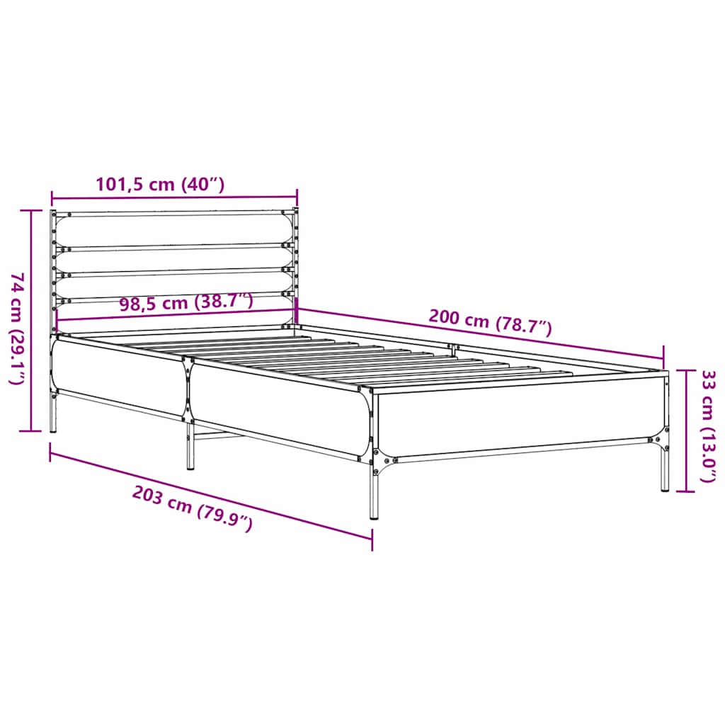 Bed Frame in Sonoma Oak Finish 100 x 200 cm Made of Engineered Wood and Metal