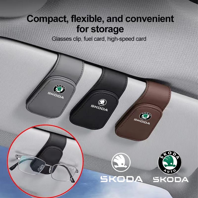 KSDQ3 Leather Car Sunglasses Holder Sun Visor Glasses Clip For Skoda A5 A7 Yeti Roomster Octavia Rapid Fabia Superb Kodiaq
