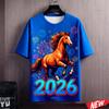 Красочная футболка с Новым годом женская 2026 Новый год с круглым вырезом и коротким рукавом женская семейная с 3D-принтом лошади для фестивальной вечеринки