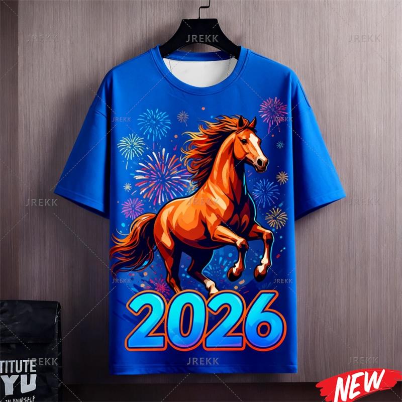 Красочная футболка с Новым годом женская 2026 Новый год с круглым вырезом и коротким рукавом женская семейная с 3D-принтом лошади для фестивальной вечеринки