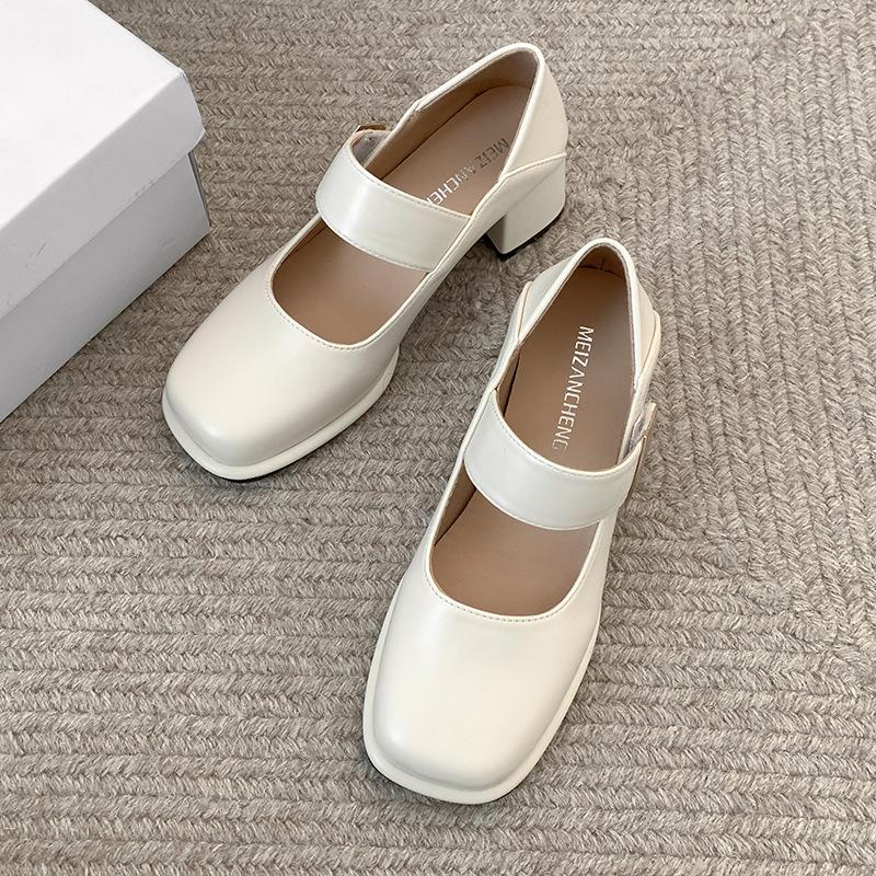 Туфли-лодочки женские на толстом каблуке в стиле ретро с неглубоким носком 2025 года, новые весенне-осенние туфли с увеличенным каблуком, универсальные туфли Мэри Джейн с квадратным носком и высоким носком