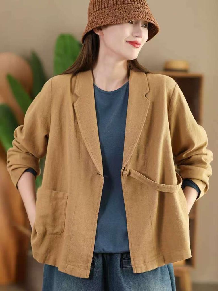 Johnature Woman Autumn Casual Solid Color Loose Long Sleeves Coat Splicing V-Neck Chinese Style Vintage Coat