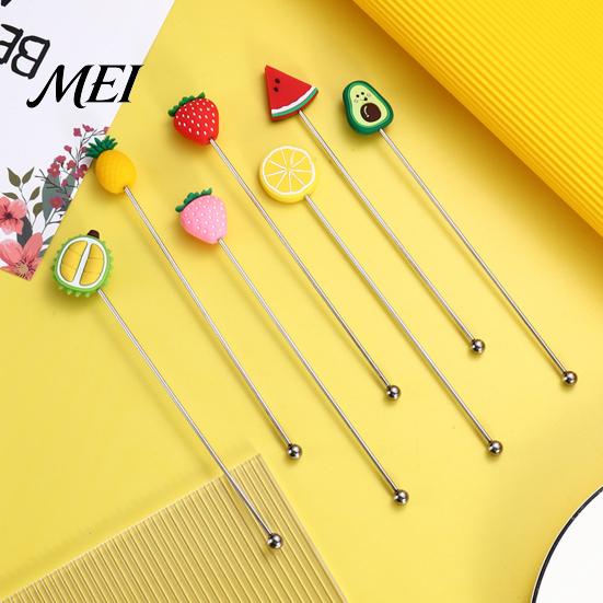 Coffee Stir Stick Cocktail Stick, Stainless Steel Mixing with Durian Pineapple Strawberry Durable Drink Mixer Watermelon Rubber Top Decor, Stirrer for