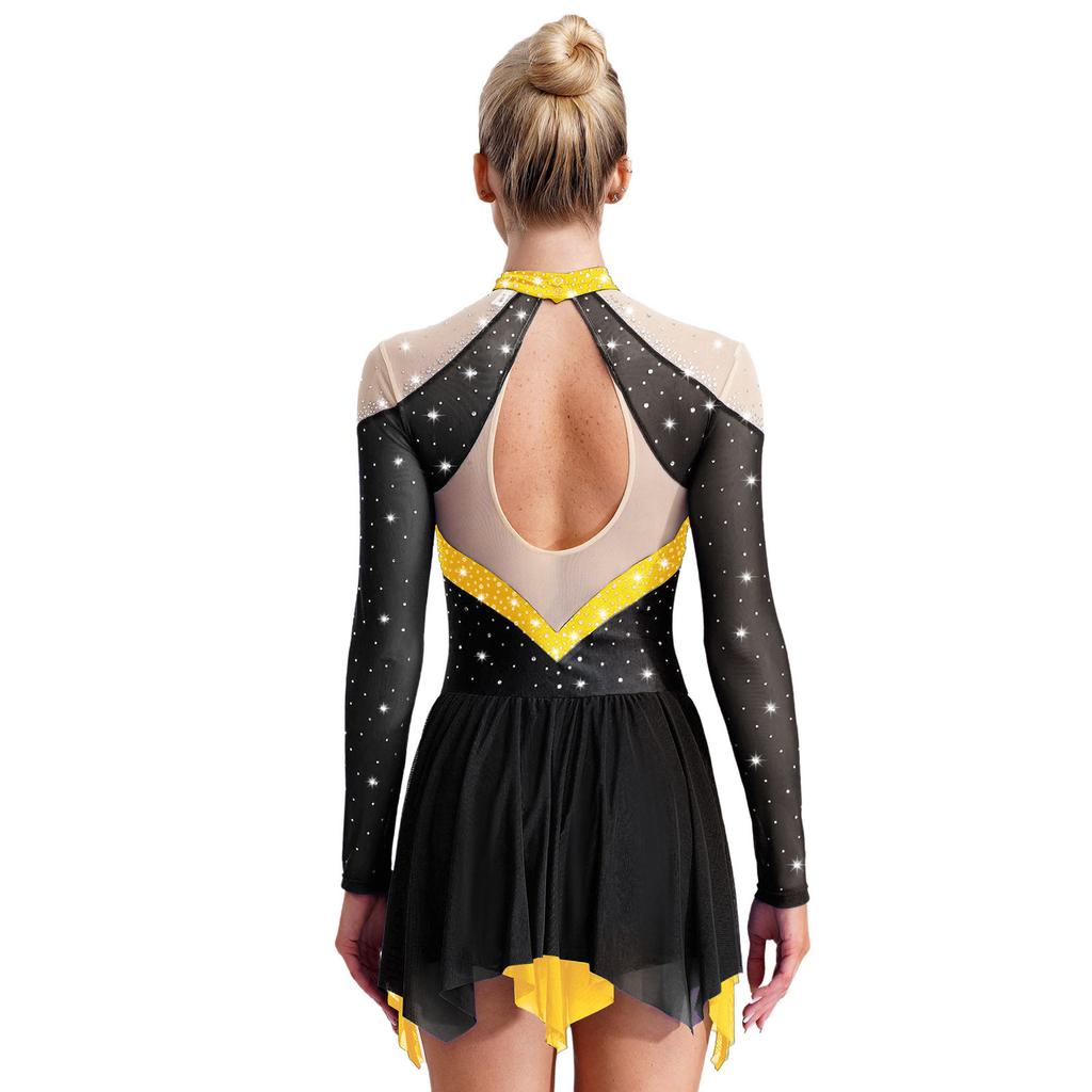 Женское платье для лирического танца, дизайн колор-блок, полупрозрачная сетчатая вставка, блестящие стразы, асимметричная танцевальная одежда