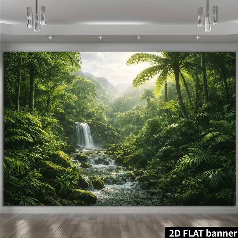 2D Lush Jungle Banner with Palm Trees and Mountains Photo Booth Background Cloth
