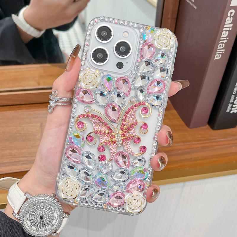 Роскошный чехол с бабочкой из страз и цветочным узором для iPhone 13/14 Pro/15/16 Pro