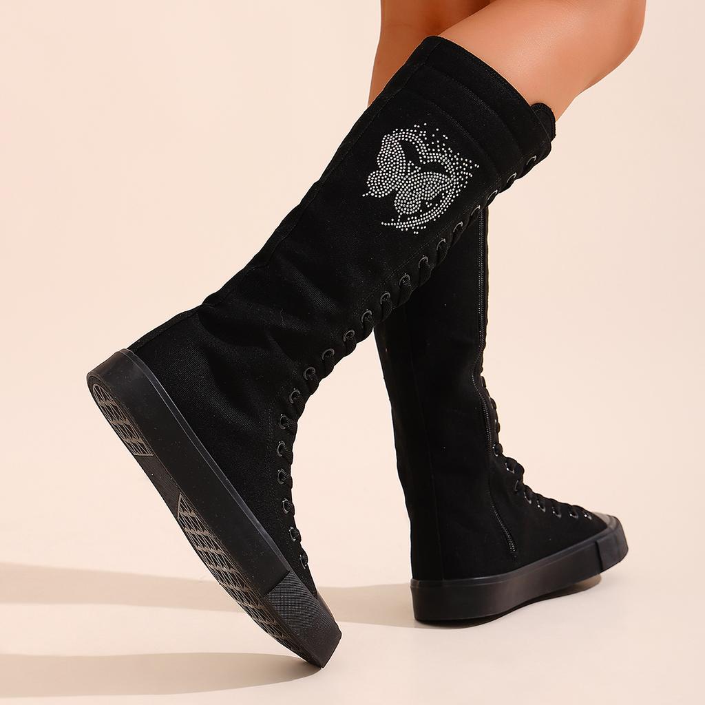 Женские длинные ботильоны до щиколотки, модные и удобные парусиновые сапоги до середины икры для девочек, подходящие для посещения вечеринок и повседневных прогулок