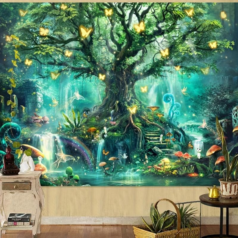 Bohemian Magic Tree of Life Tapestry with Luminous Mushrooms And Glowing Butterflies for Bedroom Party Wedding Wall Hanging