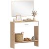 Hallway Console Table with Mirror, Drawer and Shelf, 91.5x27.9x85.5 Cm, Oak