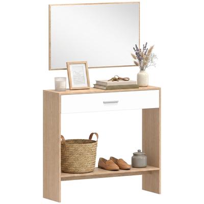 Console Furniture + Mirror, Narrow Console Table with Drawer and Shelf, Modern Style, 91.5 X 27.9 X 85.5 Cm, Oak
