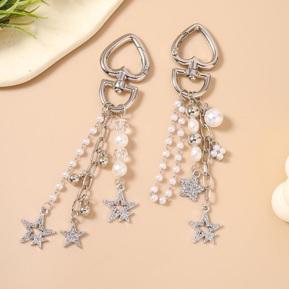 Chic Rhinestones Star Keychain Pearl Beaded Key Ring Pendants for Women Girls Handbag Decor DIY Handmade Key Chain Jewelry Gift