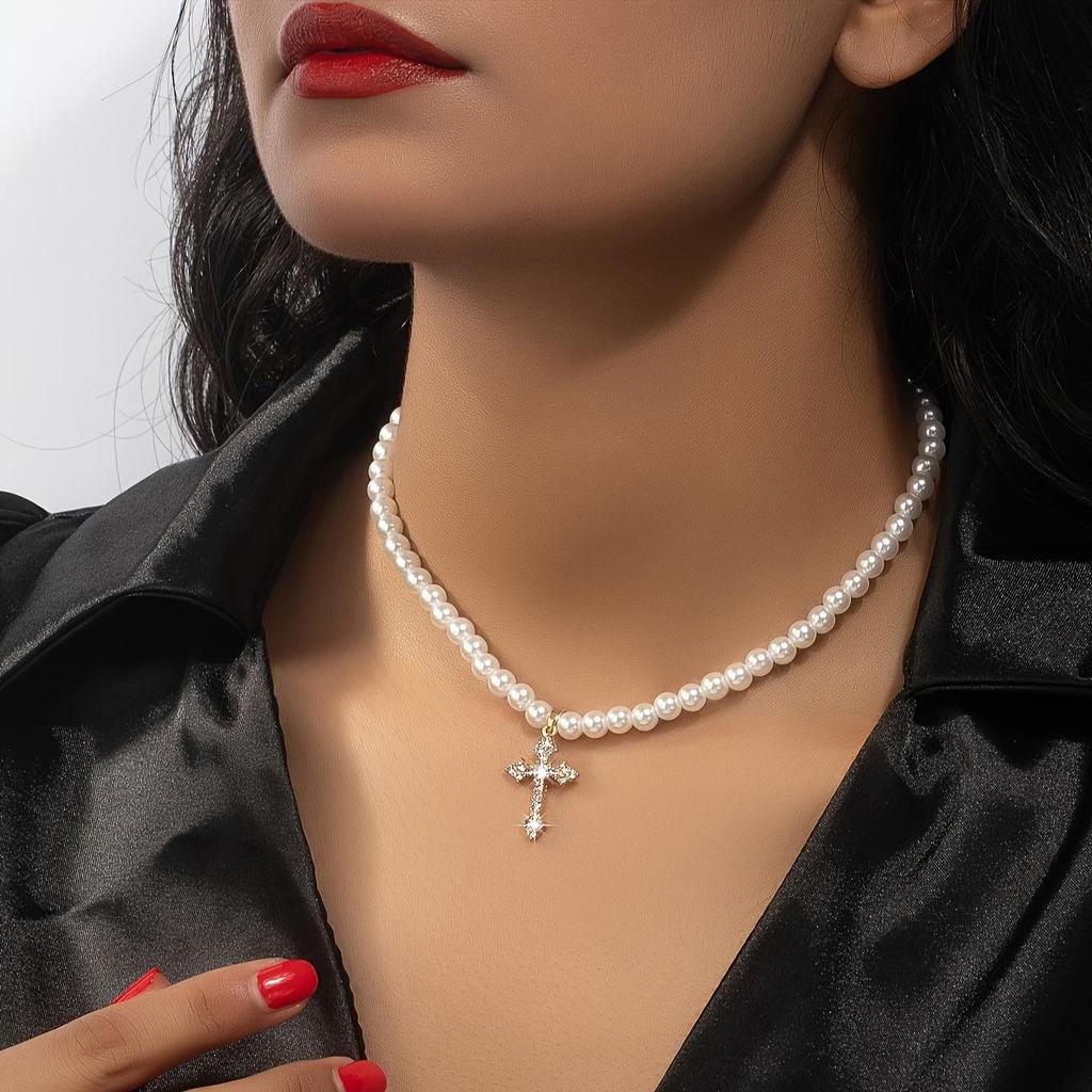 Модное европейско-американское ожерелье-чокер с подвеской в виде креста из стразов и жемчуга