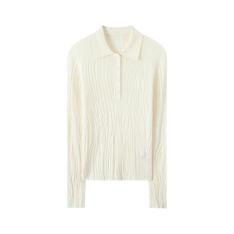 Women's 100% Wool Polo Collar Sweater with Gauze Wave Pattern - Spring/Autumn Pullover Base Layer