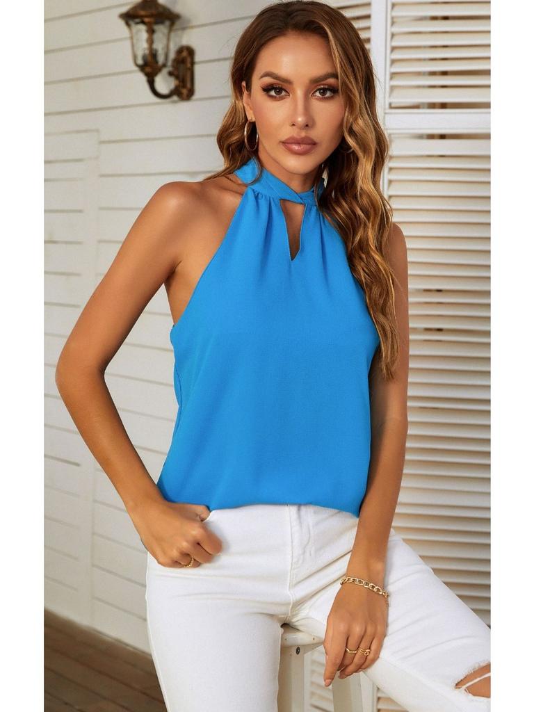 Women's 2025 Summer Halter Neck Tie-Back Chiffon Sleeveless Blouse, Sheer Casual Tank Top for Beach Parties & Daily Boho Outfits