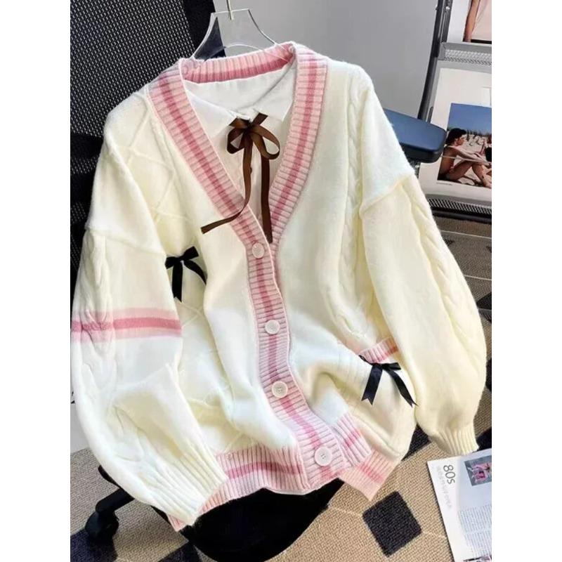 Sweet Bow Knitted Cardigans Y2k Aesthetic All Match Contrast Color Coats Fashion Single Breasted Women Kawaii JK Sweaters Jumper