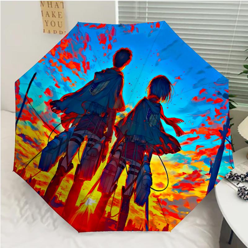 Attack on Titan Print Automatic Umbrella, 8 Rib Iron Frame, Plastic Handle, Suitable for Outdoor Travel &Daily , Ideal Gift