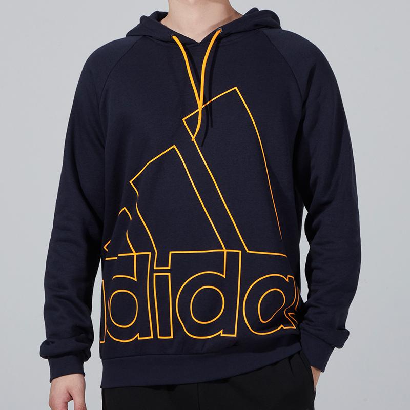 Adidas Big Logo Print Fleece-Lined Hoodie, Men Warm Casual Pullover Sweatshirt Blue HB5092