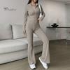 2 шт./комплект женский весенний наряд для поездок на работу топ расклешенные брюки комплект застежка-молния воротник стойка пальто высокая талия спортивный костюм эластичная повседневная одежда