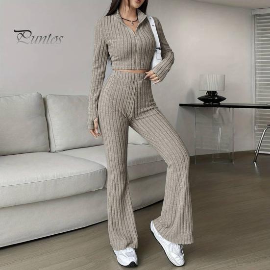 2 шт./комплект женский весенний наряд для поездок на работу топ расклешенные брюки комплект застежка-молния воротник стойка пальто высокая талия спортивный костюм эластичная повседневная одежда